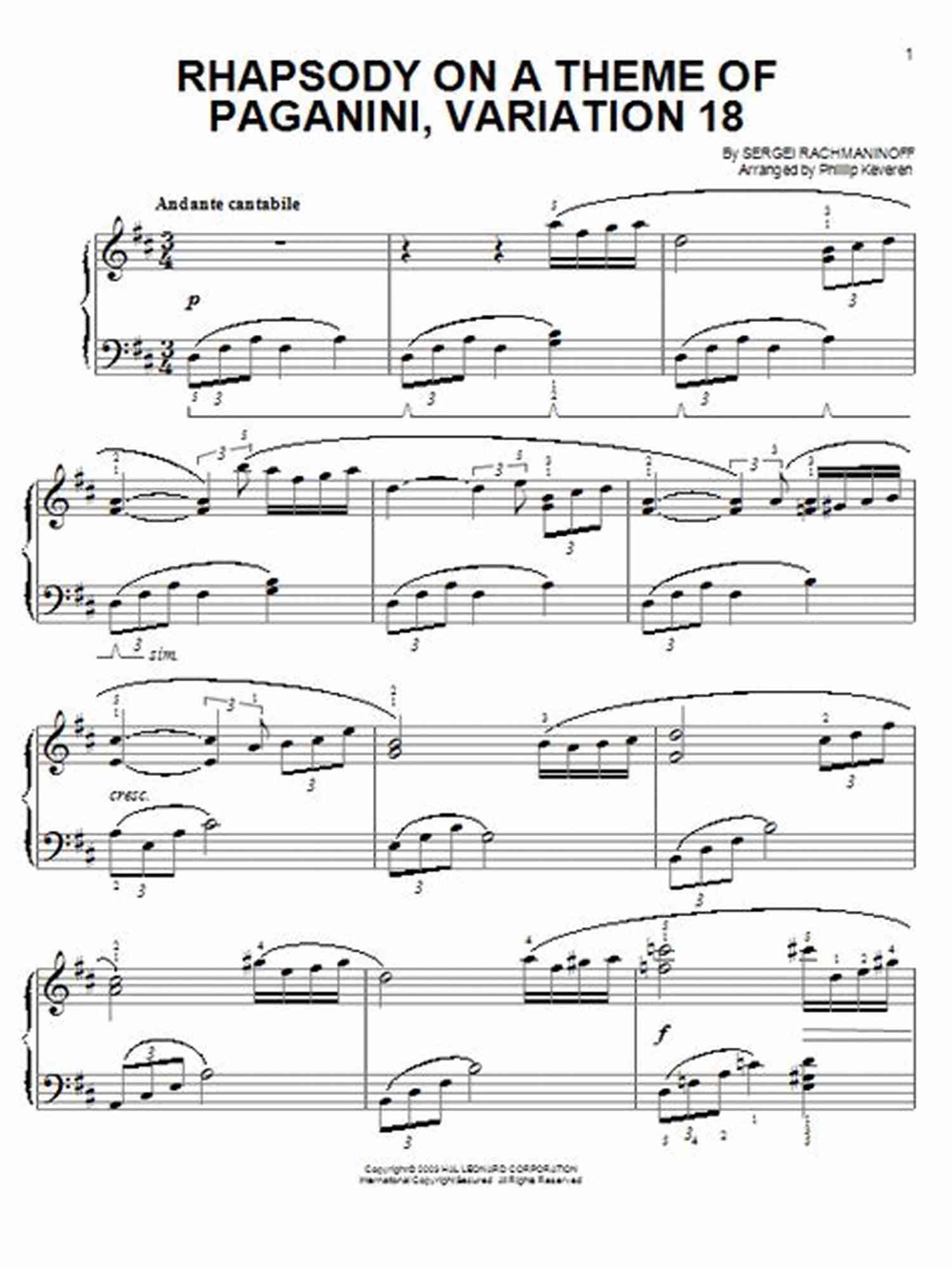 Sheet Music Featuring Rhapsody On A Theme Of Paganini, Variation 18 First Steps In Keyboard Literature: The Easiest Early Intermediate Piano Classics To Moderns In Original Forms