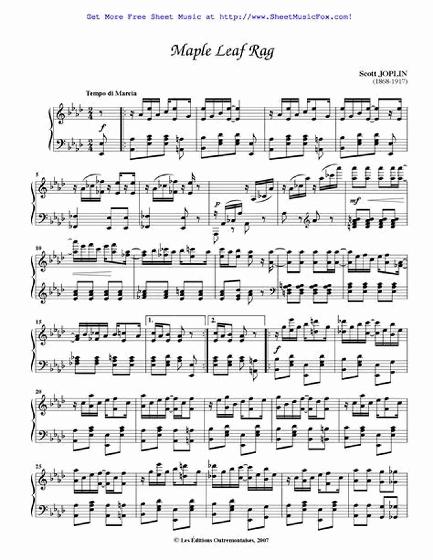 Piano Sheet Music For Scott Joplin's Maple Leaf Rag Maple Leaf Rag Scott JOPLIN * Original Version * Medium Piano Sheet Music For Advanced Pianists: Big Notes * Popular Ragtime * Video Tutorial * You Should Play On Piano